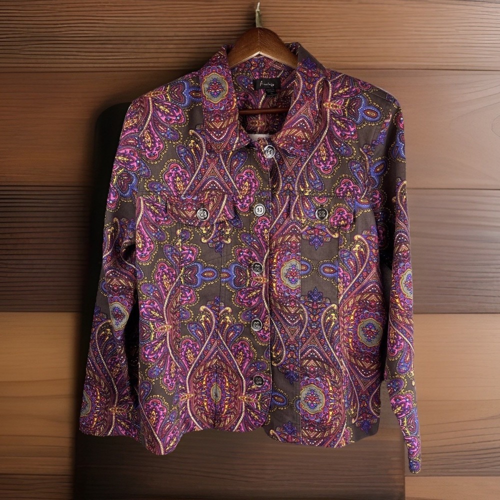 Analogy Jacket‎ Shacket Shirt XL 100% Cotton Paisley Brown Pink Gold Artsy Boho